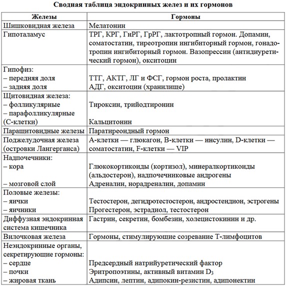 Таблица эндокринных желез и их гормонов