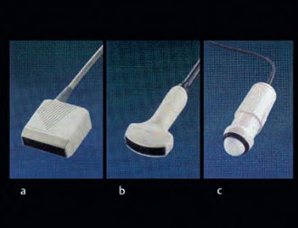 Датчики для абдоминального УЗИ в акушерстве: а — линейный датчик, b — конвексный (выпуклый) датчик, с — секторальный датчик